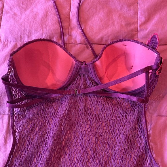 RARE VS, Open back Maroon Mesh Bandeau Bodysuit w/ Tropical Flower Detail - Picture 3 of 10